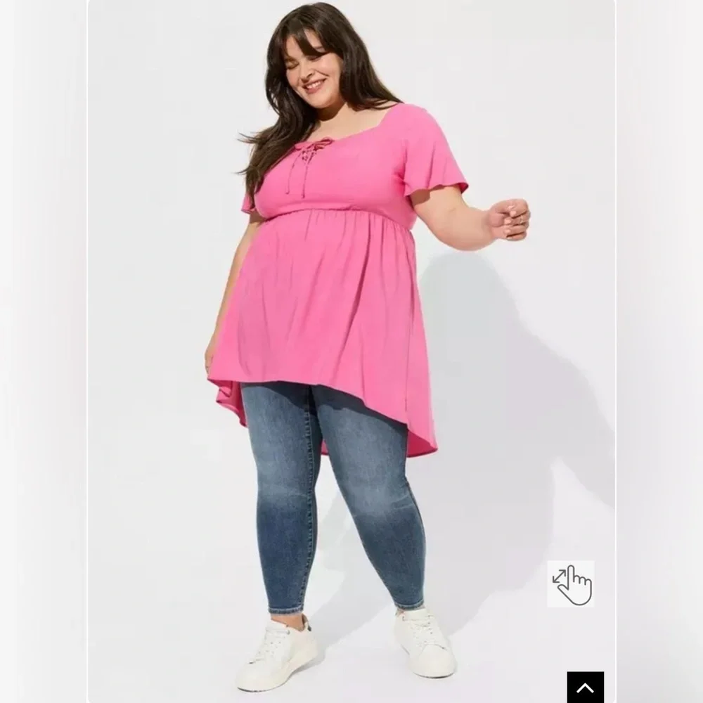 Torrid Pink Babydoll Challis Lace Up Hi Low Top Size 1X Short Sleeve S4